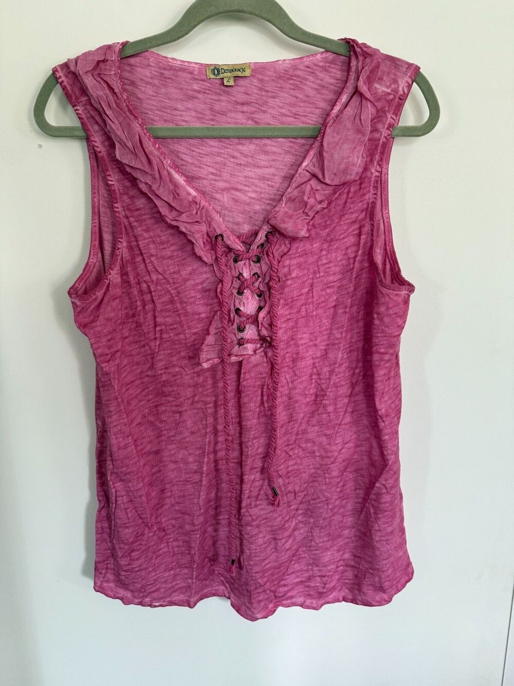 Democracy Women Top Sz Large Pink Ruffle Sleeveless Tank Lace Up Neckline Modal